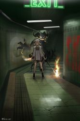 Rule 34 | 1girl, absurdres, arknights, bad id, bad pixiv id, commentary request, fire, flamethrower, furo atsushi, glowing, glowing eyes, highres, horns, ifrit (arknights), indoors, jacket, looking at viewer, platinum blonde hair, tail, weapon