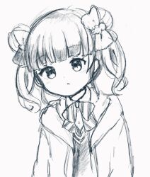 Rule 34 | 1girl, :&lt;, animated, animated gif, arms at sides, blunt bangs, blush, bow, bowtie, closed eyes, dot nose, double bun, drawstring, facing viewer, graphite (medium), hair bun, highres, hood, hood down, hooded jacket, hyodou shizuku, idoly pride, jacket, leaning forward, long bangs, looking at viewer, nononooon, open clothes, open jacket, parted lips, school uniform, short hair, short twintails, sidelocks, simple background, squeans, sleeping, solo, striped bow, striped bowtie, striped clothes, sweater, traditional media, twintails, upper body, v-neck, white background