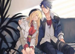 Rule 34 | 1boy, 1girl, agnes claudel, belt, blonde hair, blue coat, blue eyes, blue hair, blue pants, blurry, blurry foreground, closed eyes, closed mouth, coat, commentary, couch, eiyuu densetsu, grey skirt, highres, indoors, jacket, jewelry, kuro no kiseki, long hair, necklace, on couch, open clothes, open coat, pants, parted lips, plant, pleated skirt, red shirt, reronart, shirt, short hair, sitting, skirt, sleeping, van arkride, white jacket