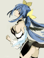 Rule 34 | 1girl, ass, asymmetrical wings, bare shoulders, blue hair, breasts, dizzy (guilty gear), guilty gear, guilty gear x, guilty gear xx, hair ribbon, long hair, looking at viewer, looking back, maka (morphine), medium breasts, red eyes, ribbon, simple background, solo, tail, thighhighs, twintails, wings