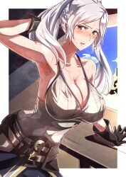 Rule 34 | 1girl, absurdres, armpits, breasts, brown eyes, cleavage, fire emblem, fire emblem awakening, gloves, highres, large breasts, nintendo, robin (female) (fire emblem), robin (fire emblem), solo, sweat, to (tototo tk), twintails, white hair