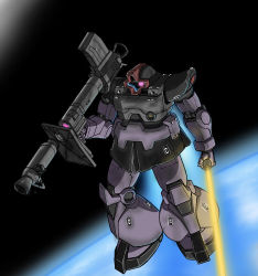 Rule 34 | absurdres, aron e, bazooka (gundam), beam saber, floating, glowing, glowing eye, gun, gundam, highres, holding, holding gun, holding sword, holding weapon, looking to the side, mecha, mobile suit gundam, no humans, one-eyed, purple eyes, rick dom, robot, science fiction, solo, space, sword, weapon, zeon