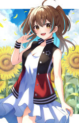 1girl blue_hair breasts brown_eyes brown_hair cleavage cloud cloudy_sky commission dress field flower flower_field highres multicolored_hair open_mouth original skeb_commission sky streaked_hair sunflower sunflower_field teeth two-tone_hair upper_teeth_only v wanatsu_15 white_dress