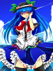 Rule 34 | 1girl, arm behind back, black hat, blue hair, blue sky, bow, cloud, day, dress, food, frilled dress, frills, fruit, hand in own hair, hat, hat ornament, highres, hinanawi tenshi, layered dress, long hair, looking at viewer, nekominase, peach, red bow, red eyes, short sleeves, sky, smile, solo, thighhighs, touhou