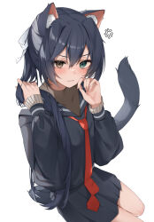 Rule 34 | 1girl, absurdres, adjusting hair, anger vein, animal ear fluff, animal ears, awaki224, black hair, black sailor collar, black serafuku, black shirt, black skirt, blush, brown eyes, brown shirt, cat ears, cat tail, closed mouth, commentary request, fang, feet out of frame, green eyes, grey background, hands up, heterochromia, highres, long hair, long sleeves, looking at viewer, necktie, original, pleated skirt, ponytail, red necktie, sailor collar, school uniform, serafuku, shirt, simple background, skin fang, skirt, solo, tail, undershirt