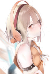 Rule 34 | 1girl, absurdres, bare shoulders, blush, brown hair, chunithm, expressionless, headphones, highres, hito komoru (style), kisaragi yaya, looking at viewer, nose blush, orange eyes, parted lips, short hair, simple background, sky feather, solo, upper body, white background
