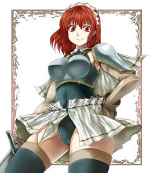 Rule 34 | 00s, 1girl, armor, breastplate, cameltoe, capelet, cecily cambell, enu (n storage), gloves, hand on own hip, hip focus, leotard, red eyes, red hair, seiken no blacksmith, skirt, smile, sword, thighhighs, weapon