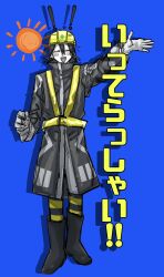 Rule 34 | 1other, androgynous, black coat, black footwear, blue background, blush, boots, clenched hand, closed eyes, coat, colored skin, commentary request, drop shadow, facing viewer, floating headgear, full body, gloves, hair between eyes, hard hat, headgear, helmet, high-visibility vest, highres, knee boots, long sleeves, michishirube kiro, open mouth, pantyhose, raised eyebrows, short hair, simple background, smile, standing, striped clothes, striped pantyhose, sun, tapoemon, translation request, utau, white gloves, white skin, yellow pantyhose