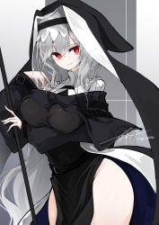 Rule 34 | 1girl, absurdres, arknights, arm under breasts, bare hips, belt, black dress, breasts, cowboy shot, dress, grey background, grey hair, groin, habit, highres, holding, impossible clothes, impossible dress, large breasts, long hair, long sleeves, no panties, nun, parted lips, pelvic curtain, red eyes, signature, smile, specter (arknights), two-tone background, very long hair, yonagi white