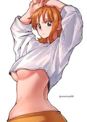 Rule 34 | 1girl, aosora2823, arms up, back, blush, breasts, female focus, highres, looking at viewer, medium breasts, nami (one piece), one piece, orange hair, shirt, short hair, underboob, white background, white shirt