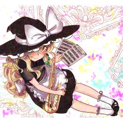 Rule 34 | 1girl, adapted costume, alternate costume, apron, black dress, blonde hair, bow, dress, from above, full body, hair bow, hair ornament, hair over one eye, hat, hat ribbon, highres, instrument, kirisame marisa, long hair, looking at viewer, looking up, orange eyes, ribbon, saxophone, sheet music, shoes, short sleeves, sitting, smile, socks, solo, touhou, waist apron, white socks, witch hat, yamako (yamak0)