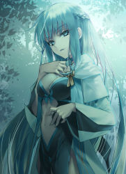 Rule 34 | 1girl, backlighting, black dress, blue eyes, braid, breasts, capelet, center opening, choker, cleavage, dress, fate/grand order, fate (series), forest, french braid, grey hair, highres, kuroaki, large breasts, long hair, long sleeves, looking at viewer, morgan le fay (fate), nature, parted lips, pelvic curtain, resolution mismatch, sidelocks, smile, solo, source larger, tree, two-tone dress, very long hair, white capelet, white dress, wide sleeves