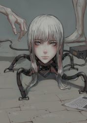 Rule 34 | 1girl, android, bags under eyes, closed mouth, disembodied head, earrings, female focus, highres, jewelry, jittsu, looking at viewer, original, paper, science fiction, solo, what, white hair, wire