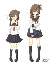 Rule 34 | 2girls, bespectacled, black sailor collar, black skirt, black socks, book, brown eyes, brown footwear, brown hair, comparison, dual persona, folded ponytail, glasses, height difference, highres, inazuma (kancolle), kantai collection, kisaragi yuu (re:lucks), kneehighs, loafers, long hair, long sleeves, looking at viewer, multiple girls, neckerchief, pleated skirt, red neckerchief, sailor collar, school uniform, serafuku, shirt, shoes, simple background, skirt, socks, standing, white background, white shirt