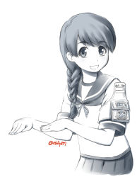 Rule 34 | 1girl, badge, braid, commentary request, cowboy shot, ebifly, greyscale, grin, hair over shoulder, kantai collection, long hair, looking at viewer, monochrome, neckerchief, one-hour drawing challenge, pleated skirt, school uniform, serafuku, single braid, skirt, smile, solo, twitter username, uranami (kancolle)