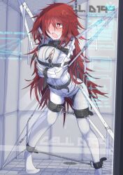 Rule 34 | 1girl, absurdres, bdsm, blush, bound, bound arms, breast zipper, chain, collar, commentary request, egg vibrator, fang, glass door, hair over one eye, heart, heart-shaped pupils, highres, holographic interface, long hair, menou 74, messy hair, nipple clamps, nipples, original, padded walls, pantyhose, pussy juice, red eyes, red hair, sex toy, skin fang, solo, spreader bar, standing, straitjacket, symbol-shaped pupils, variant set, very long hair, vibrator, white pantyhose