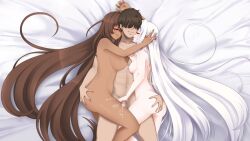 1boy 2girls ass bed bed_sheet blanc_(nikke) blush breasts brown_hair closed_eyes commander_(nikke) completely_nude cuddling cuddling_handjob cum dark-skinned_female dark_skin girl_sandwich goddess_of_victory:_nikke grabbing_another&#039;s_ass groping hair_over_eyes hand_on_another&#039;s_ass handjob happy_sex hetero hug incognigoat large_breasts licking licking_another&#039;s_neck long_hair lying multiple_girls nipples noir_(nikke) nude on_back on_bed penis sandwiched shimaidon_(sex) short_hair siblings sisters small_breasts smile tongue tongue_out very_long_hair white_hair