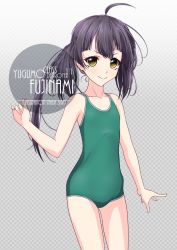 Rule 34 | 1girl, ahoge, artist name, asymmetrical bangs, black hair, blush, character name, checkered background, collarbone, commentary request, cowboy shot, eyes visible through hair, flat chest, fujinami (kancolle), gradient background, green one-piece swimsuit, grey background, highres, inaba shiki, kantai collection, long hair, looking at viewer, new school swimsuit, one-hour drawing challenge, one-piece swimsuit, school swimsuit, side ponytail, simple background, smile, solo, swimsuit, yellow eyes