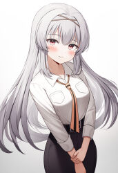 Rule 34 | 1girl, highres, idoly pride, long hair, looking at viewer, necktie, pluto (97dwnstjq), shirt, simple background, smile, solo, standing, tendou rui, white hair, white shirt