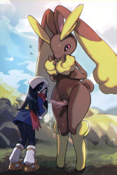 Rule 34 | 1boy, 1girl, akari (pokemon), alpha pokemon, animal penis, blue sky, censored, creatures (company), erection, flying sweatdrops, furry, furry male, furry with non-furry, game freak, gen 4 pokemon, glasses, grass, highres, interspecies, long hair, lopunny, mafuyu hemp, mosaic censoring, nintendo, outdoors, penis, pokemon, pokemon (creature), pokemon legends: arceus, pokephilia, precum, precum string, red eyes, red scarf, scarf, size difference, sky, standing