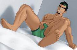Rule 34 | 1boy, abs, bandaid, bandaid on face, bandaid on nose, bara, black hair, blush, boxer briefs, bulge, crotch grab, dark-skinned male, dark skin, facial hair, feet, goatee, green hair, green male underwear, highres, jashin doruton, kyoichi (live a hero), large pectorals, live a hero, looking at viewer, male focus, male underwear, muscular, muscular male, nipples, pectorals, short hair, sideburns, sitting, soles, solo, spread legs, stomach, thick thighs, thighs, toes, topless male, underwear