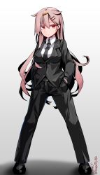 Rule 34 | 1girl, absurdres, alternate costume, artist name, baileys (tranquillity650), black footwear, black necktie, black pants, blonde hair, closed mouth, collared shirt, full body, hair between eyes, hair flaps, hair ornament, hairclip, hands in pockets, highres, kantai collection, long hair, long sleeves, necktie, pants, red eyes, shirt, shoes, signature, solo, standing, twitter username, white shirt, yuudachi (kancolle), yuudachi kai ni (kancolle)