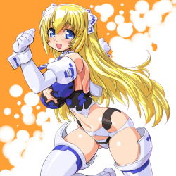Rule 34 | 10s, 1girl, altrene, bad id, bad pixiv id, bare shoulders, blonde hair, blue eyes, breasts, busou shinki, cleavage, dd (ijigendd), doll joints, elbow gloves, gloves, joints, long hair, solo, thighhighs, very long hair