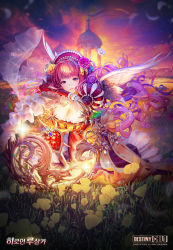 Rule 34 | 1girl, breasts, character request, cleavage, company name, copyright name, copyright notice, destiny child, dress, feathered wings, flower, hair flower, hair ornament, highres, kkuem, kneeling, large breasts, long hair, long sleeves, official art, parted lips, pink hair, puffy sleeves, purple eyes, red dress, rusalka (destiny child), solo, white wings, wings