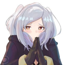 Rule 34 | 1girl, black coat, blush, brown eyes, coat, fire emblem, fire emblem awakening, gloves, highres, long hair, long sleeves, looking at viewer, nintendo, own hands together, robin (female) (fire emblem), robin (fire emblem), rufuulet, solo, twintails, upper body, white background, white hair