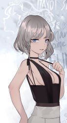 Rule 34 | 1girl, alternate costume, bare arms, bare shoulders, black choker, blue eyes, braid, breasts, character name, choker, cleavage, commentary request, cowboy shot, hand on own hip, heart, izayoi sakuya, looking at viewer, medium breasts, parted lips, reeh (yukuri130), short braid, short hair, sideboob, silver hair, solo, standing, touhou, twin braids