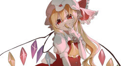 Rule 34 | 1girl, ascot, coin, crystal wings, flandre scarlet, hand up, hat, hat ribbon, highres, holding, holding coin, long hair, miyangoroge, mob cap, pointy ears, puffy short sleeves, puffy sleeves, red eyes, red ribbon, ribbon, short sleeves, side ponytail, simple background, smile, touhou, upper body, white background, yellow ascot