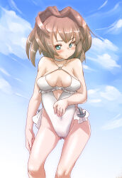 Rule 34 | 1girl, anchor ornament, blue eyes, bobabo, breasts, brown hair, casual one-piece swimsuit, choker, clothing cutout, cosplay, feet out of frame, flower, frilled one-piece swimsuit, frills, hair flower, hair ornament, hairband, highleg, highleg swimsuit, highres, kantai collection, long hair, looking at viewer, medium breasts, messy hair, one-piece swimsuit, sagiri (kancolle), sagiri (kancolle) (cosplay), sheffield (kancolle), side-tie swimsuit, solo, swimsuit, white choker, white one-piece swimsuit