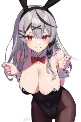 Rule 34 | 1girl, animal ears, black hair, black leotard, black pantyhose, bow, bowtie, braid, breasts, cleavage, collar, detached collar, fake animal ears, fang, grey hair, hair ornament, hairpin, highres, hololive, large breasts, leotard, long hair, looking at viewer, multicolored hair, nail polish, pantyhose, playboy bunny, rabbit ears, red bow, red bowtie, red eyes, red nails, sakamata chloe, single braid, smile, solo, streaked hair, virtual youtuber, white background, white collar, x hair ornament, you06
