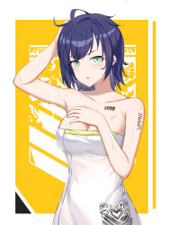 Rule 34 | 1girl, absurdres, alternate costume, barcode, barcode tattoo, blue hair, breasts, dress, ear piercing, girls&#039; frontline, green eyes, griffin &amp; kryuger, hand on own chest, hand on own head, highres, large breasts, llaos, piercing, simple background, solo, strapless, strapless dress, sweat, tattoo, vp1915 (girls&#039; frontline)