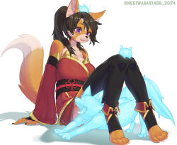 Rule 34 | 1girl, 2024, animal ear fluff, animal ears, animal nose, bare shoulders, black hair, black thighhighs, body fur, breasts, claws, commentary, creature on head, detached sleeves, english commentary, fang, fox, fox ears, fox girl, fox tail, glowing animal, highres, japanese clothes, large breasts, multicolored fur, negiwasabi465, obi, open mouth, orange fur, original, ponytail, purple eyes, red skirt, sash, simple background, sitting, skirt, stirrup legwear, stretching, tail, thighhighs, toeless legwear, twitter username, white background, white fur, yawning