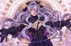 Rule 34 | 1girl, breasts, camilla (fire emblem), cleavage, curly hair, fire emblem, fire emblem fates, lips, long hair, looking at viewer, nintendo, outstretched arms, parted lips, purple eyes, purple hair, siiju, smile, solo, tiara, upper body