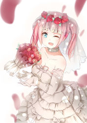 Rule 34 | 1girl, ;d, absurdres, azur lane, bare shoulders, blue eyes, bouquet, breasts, bride, cleavage, detached collar, dress, fang, flower, frills, gen (pixiv13044421), gloves, highres, long hair, looking at viewer, medium breasts, one eye closed, open mouth, pink hair, red rose, rose, san diego (azur lane), smile, solo, twintails, veil, wedding dress, white dress, white gloves, wreath