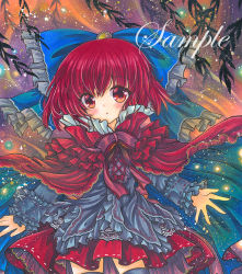 Rule 34 | 1girl, black shirt, black thighhighs, blue bow, blush, bow, brooch, cape, frilled bow, frilled cape, frilled sleeves, frills, hair bow, head tilt, jewelry, long sleeves, looking at viewer, marker (medium), purple background, red cape, red eyes, red hair, red skirt, rui (sugar3), sample watermark, sekibanki, shirt, short hair, skirt, solo, thighhighs, touhou, traditional media, watermark, yellow brooch, zettai ryouiki