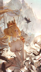 Rule 34 | 1girl, absurdres, armor, banner, bird, blonde hair, blush, braid, braided bun, breasts, castle, cleavage, cleavage cutout, clothing cutout, commentary request, crow, crown, dress, earrings, fake horns, feathers, hair bun, helmet, highres, horned helmet, horns, jewelry, knight, lance, large breasts, long hair, looking to the side, original, outdoors, parted lips, pauldrons, pointy ears, polearm, red eyes, revision, shoulder armor, single hair bun, smile, solo focus, standing, toriumi harumi, tug, weapon, white dress
