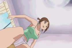 Rule 34 | 00s, 10s, 1girl, animated, animated gif, bouncing breasts, breasts, brown eyes, brown hair, hinako (issho ni training), indoors, issho ni training, large breasts, lowres, midriff, navel, no bra, solo, standing, tank top
