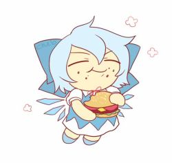 Rule 34 | 1girl, puff of air, artist name, blue bow, blue dress, blue footwear, blue hair, blue ribbon, blue wings, bow, burger, character doll, cheese, chewing, chibi, cirno, closed eyes, collar, commentary, dress, eating, english commentary, food, food bite, food on face, fumo (doll), hair bow, hair ribbon, holding, holding food, ice, ice wings, lettuce, multicolored clothes, multicolored dress, neck ribbon, pinafore dress, puffy short sleeves, puffy sleeves, red ribbon, ribbon, short hair, short sleeves, simple background, skullchimes, sleeveless dress, smile, tomato, tomato slice, touhou, v-shaped eyebrows, white background, white collar, wings