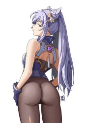 Rule 34 | 1girl, ass, automatic giraffe, bare shoulders, breasts, from behind, genshin impact, gloves, hair ornament, hairpin, highres, keqing (genshin impact), long hair, looking at viewer, looking back, medium breasts, pantyhose, purple eyes, purple hair, sideboob, solo, twintails, very long hair