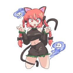 Rule 34 | 1girl, ?, animal ears, bow, braid, cat ears, cat tail, claw pose, contrapposto, cowboy shot, cropped legs, kaenbyou rin, leebo (leeboxxx), multiple tails, nekomata, oekaki, red hair, solo, tail, touhou, twin braids, two tails