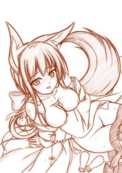 Rule 34 | 1girl, animal ears, blush, bow, breast hold, breasts, fox ears, fox tail, hair bow, highres, himeka chiyako, looking at viewer, minaha (playjoe2005), monochrome, nipples, original, simple background, smile, solo, tail, white background