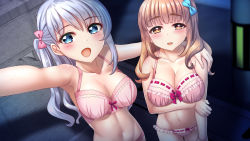 Rule 34 | 2girls, arm around shoulder, armpits, ayase aria, blue bow, blue eyes, blue hair, blush, bow, bow bra, bra, breasts, brown eyes, brown hair, cleavage, commentary request, embarrassed, exhibitionism, hair bow, large breasts, long hair, multiple girls, navel, open mouth, original, outdoors, panties, pink bow, pink bra, pink panties, public indecency, selfie, side ponytail, smile, standing, underwear, underwear only, yuri
