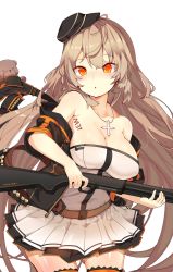Rule 34 | 1girl, :o, ahoge, armpit crease, bag, belt, black hat, black thighhighs, blush, body writing, breasts, buckle, character name, cleavage, cowboy shot, cross, cross necklace, elbow rest, floating hair, girls&#039; frontline, gun, hair between eyes, hair ornament, hairclip, hanging breasts, hat, high heels, highres, holding, holding gun, holding weapon, ithaca m37, jacket, jewelry, large breasts, long hair, looking at viewer, m37 (girls&#039; frontline), necklace, off shoulder, ooyun, open clothes, open jacket, open mouth, pleated skirt, pump action, red eyes, shiny skin, shotgun, shotgun shell, sidelocks, simple background, skirt, solo, standing, strap, stuffed animal, stuffed toy, teddy bear, thighhighs, unzipped, upper body, weapon, white background, zipper, zipper pull tab