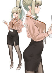 Rule 34 | 1girl, ;d, black bow, black pantyhose, black skirt, bow, bra visible through clothes, breasts, brown eyes, collared shirt, commentary request, double v, doushimasho, earrings, fingernails, from side, front slit, green hair, hair bow, high-waist skirt, high heels, highres, holding, holding paper, id card, jewelry, lanyard, light blush, long fingernails, long sleeves, looking at viewer, medium breasts, sawamoto mikan, multiple views, nail polish, office lady, one eye closed, open mouth, original, pantyhose, paper, parted lips, pencil skirt, pink nails, pink shirt, ponytail, profile, pumps, shirt, simple background, skirt, smile, standing, stud earrings, v, white background, white footwear