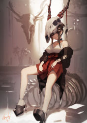 Rule 34 | 1girl, :t, animal skull, antler ornament, antlers, antlers girl (kyouya), breasts, brown eyes, brown hair, cleavage, clog sandals, closed mouth, earrings, genyaky, high-waist skirt, high heels, highres, horns, jewelry, large breasts, looking at viewer, off-shoulder jacket, off shoulder, original, pendant, pleated skirt, pout, shirt, signature, sitting, skirt, sleeveless, sleeveless shirt, solo, spaghetti strap, white shirt