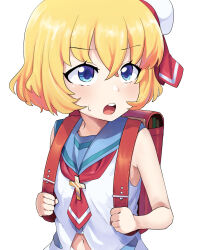 Rule 34 | 1girl, backpack, bag, blonde hair, blue eyes, blue sailor collar, blush, commentary request, cross, crossed bangs, flat chest, fuka (kantoku), hat, highres, jashin-chan dropkick, lierre, looking at viewer, love is blind (quzilax), mini hat, navel, neckerchief, open mouth, parody, randoseru, red bag, red neckerchief, round teeth, sailor collar, sailor hat, shirt, short hair, simple background, sleeveless, sleeveless shirt, solo, teeth, upper body, white background, white shirt
