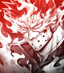 Rule 34 | 1boy, absurdres, angry, blood, bodysuit, boku no hero academia, endeavor (boku no hero academia), fire, frown, greyscale, helen roro, highres, male focus, mask, mature male, monochrome, mouth mask, muscular, muscular male, portrait, red theme, short hair, sideburns, solo, spiked hair